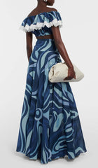 MARMO-PRINT RUFFLE TWO PIECE SET IN BLUE