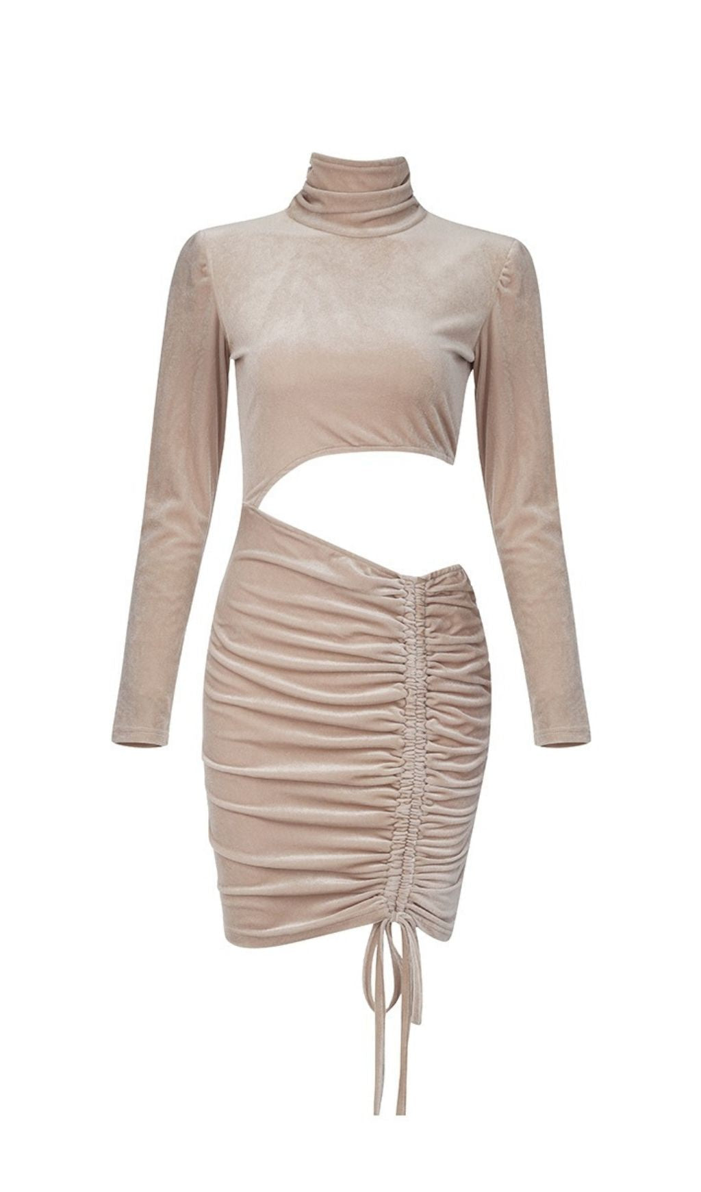 NUDE VELVET CUT OUT RUCHED MINI DRESS