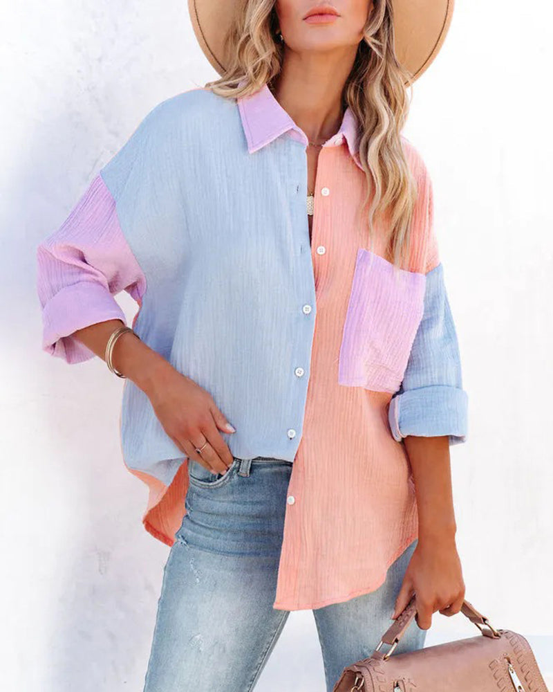 Color Block Button Down Shirts Patchwork Oversized Long Sleeve Blouse Top with Pockets