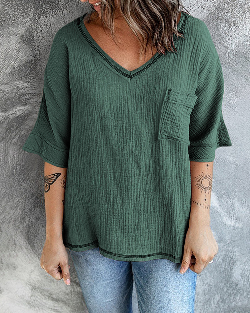 Casual V Neck Tops 3/4 Sleeve T-Shirt Tees with Pocket