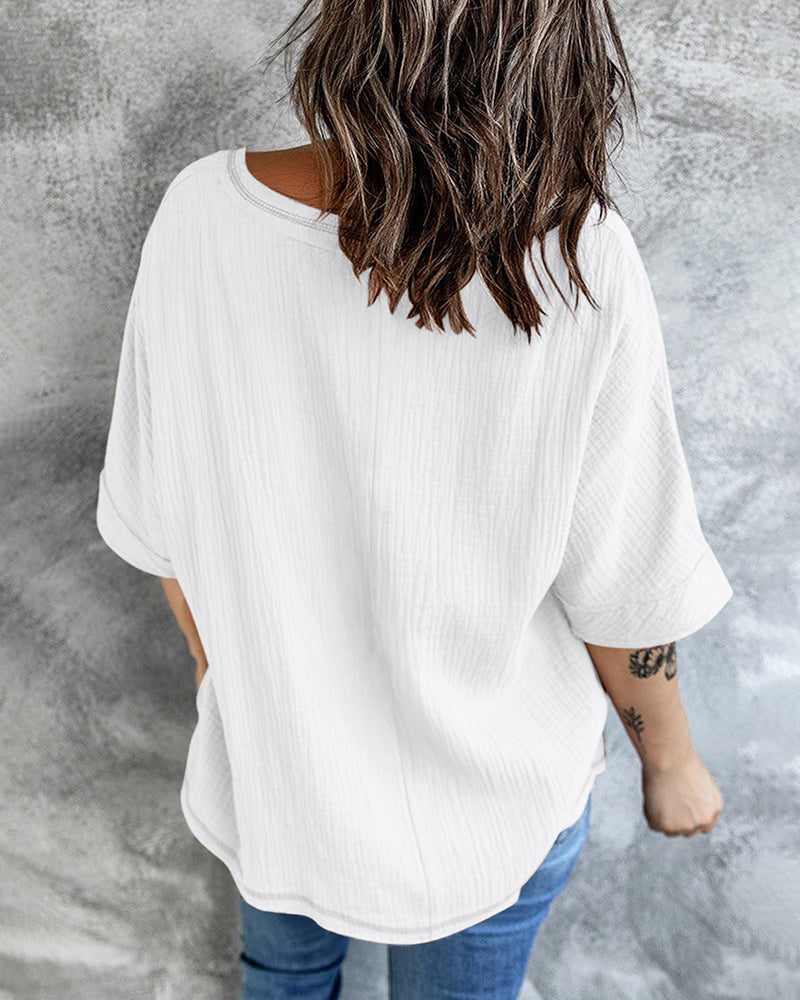 Casual V Neck Tops 3/4 Sleeve T-Shirt Tees with Pocket
