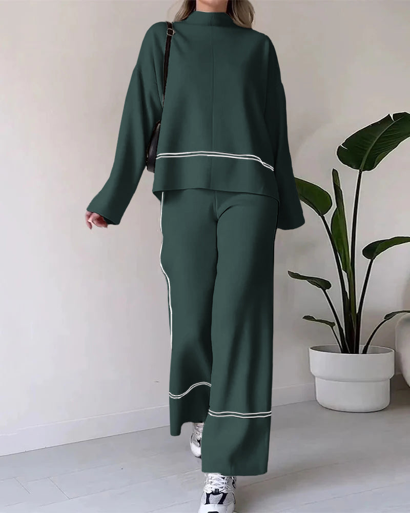 Chic Two-pieces Outfits Solid Color Casual Top Loose Trousers Pants Sets