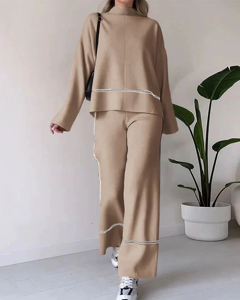 Chic Two-pieces Outfits Solid Color Casual Top Loose Trousers Pants Sets