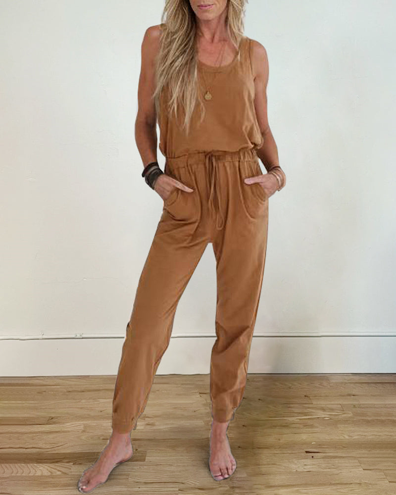 Casual Two Piece Set Sleeveless Jumpsuit and Cardigan Set