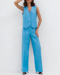 Cotton Linen Vest Suit Women's Summer Sleeveless Tops Trousers Pants Two-piece Set