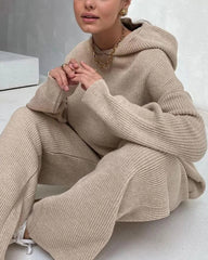 Casual Street Loose Two-piece Sweatsuit Hooded Knitted Loose Top + Wide-leg Pants