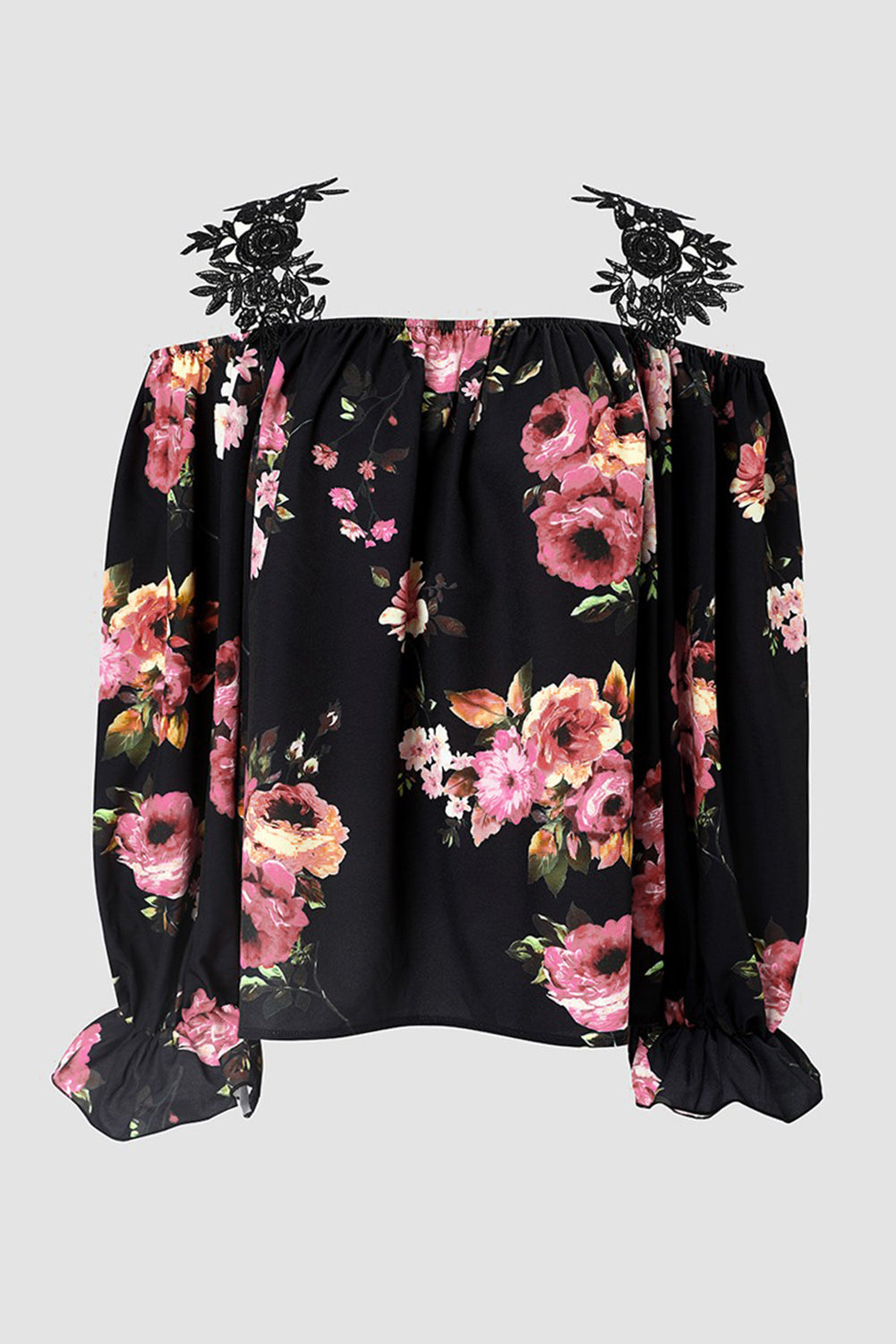 Black Floral Print Lace Patchwork Loose Cold Shoulder Blouse