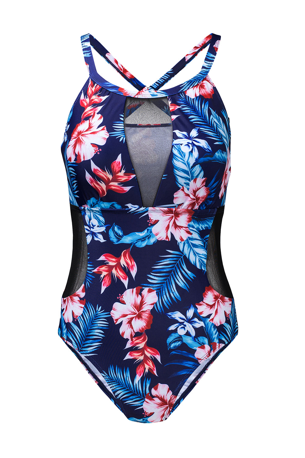 Black Floral Print Mesh Patchwork Criss Cross One-Piece Swimsuit