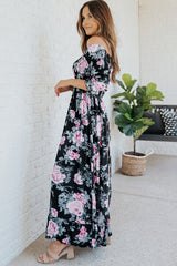 Black Floral Print Smocked Bust High Waist Maxi Dress
