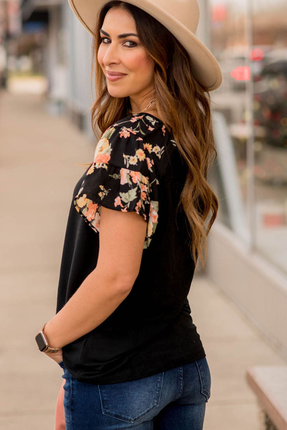 Black Floral Tiered Short Sleeve T Shirt