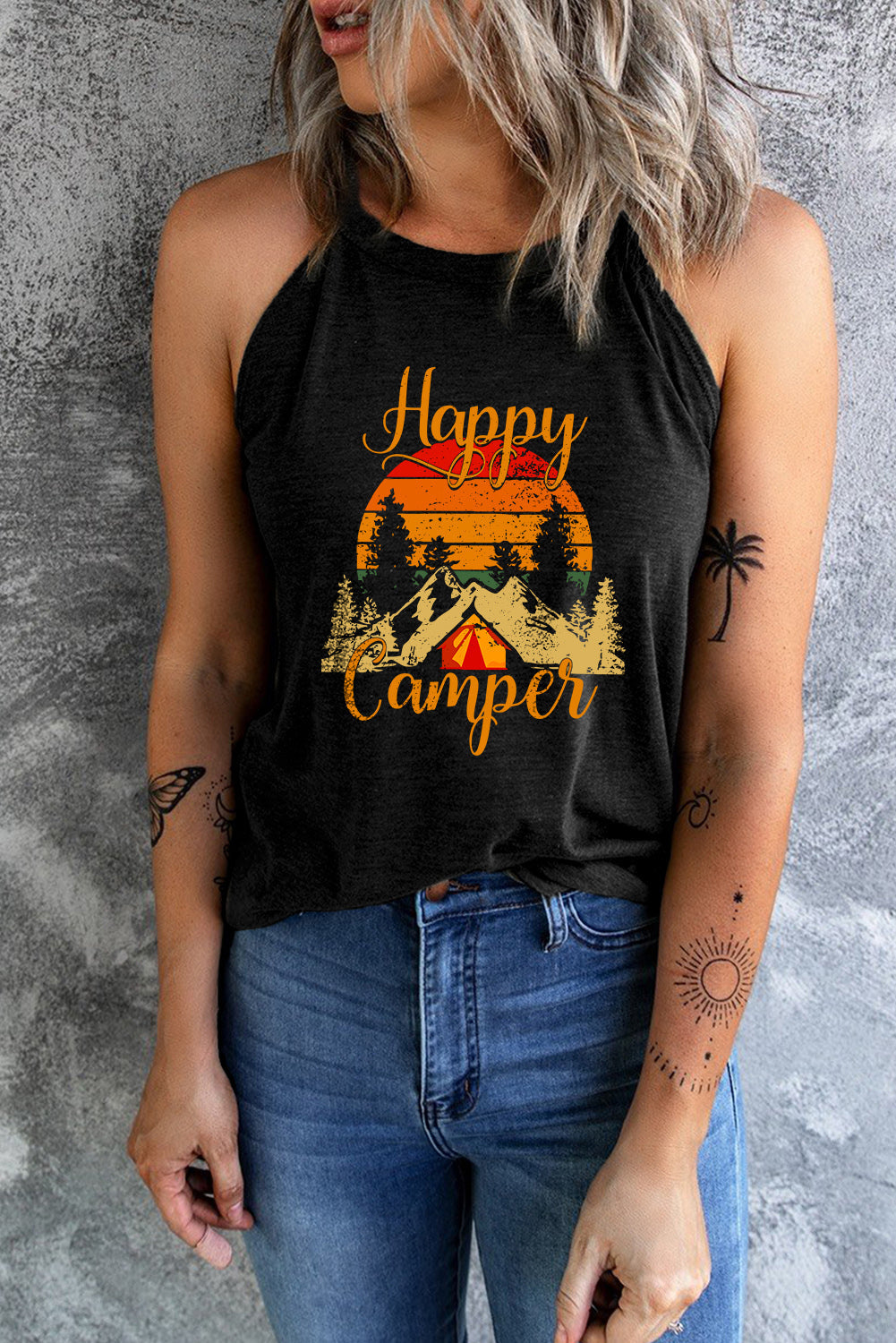 Black Happy Camper Pattern Printed Color Block Slim Fit Tank Top