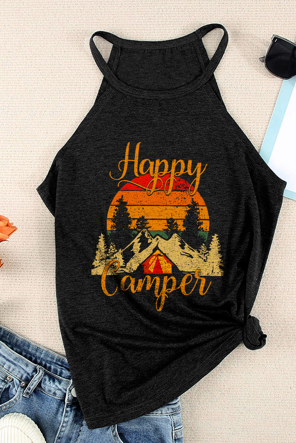 Black Happy Camper Pattern Printed Color Block Slim Fit Tank Top