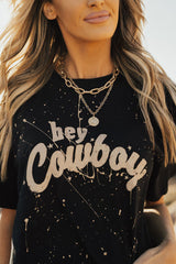 Black Hey Cowboy Vintage Splashed T Shirt