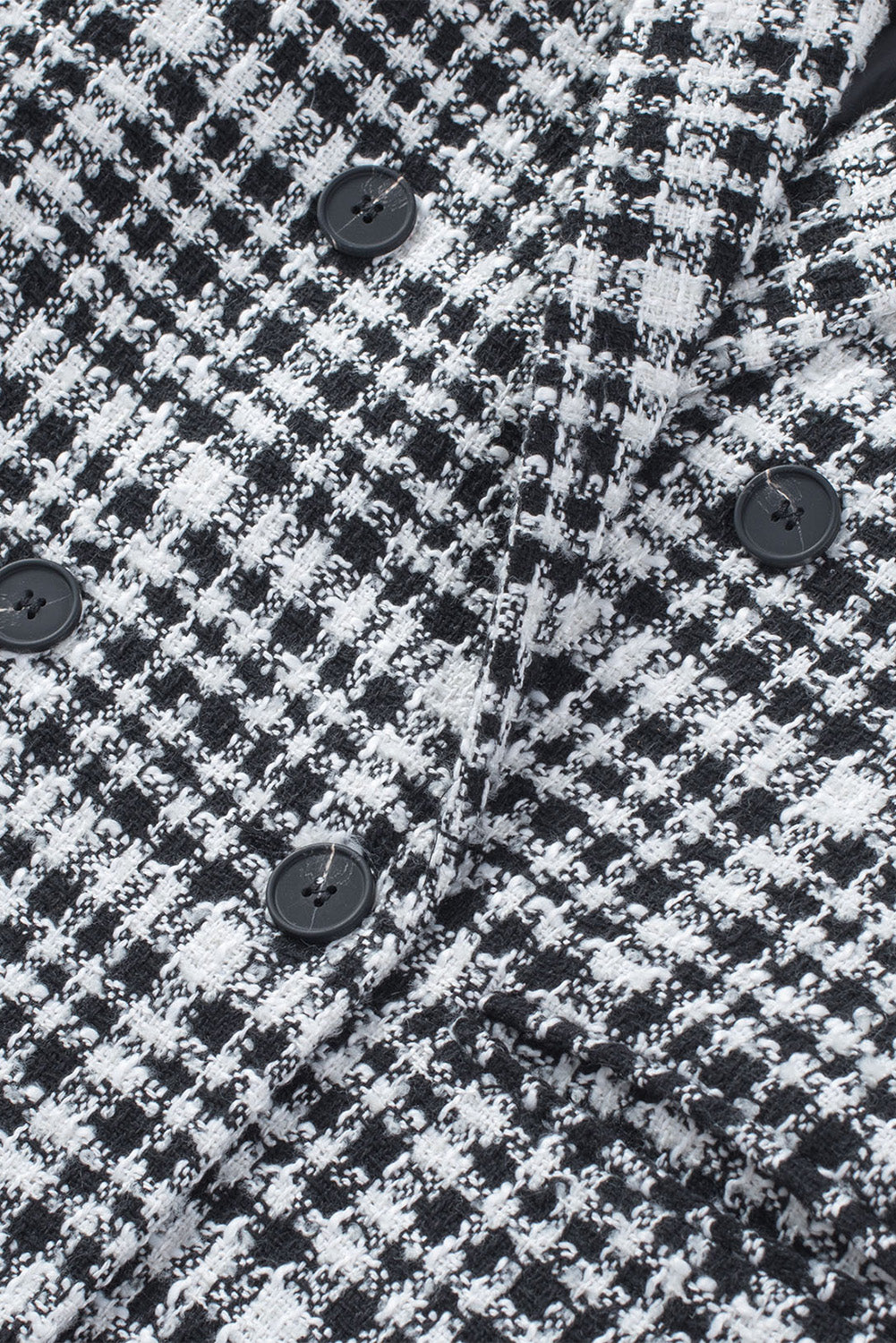 Black Lapel Collar Buttoned Gingham Tweed Blazer