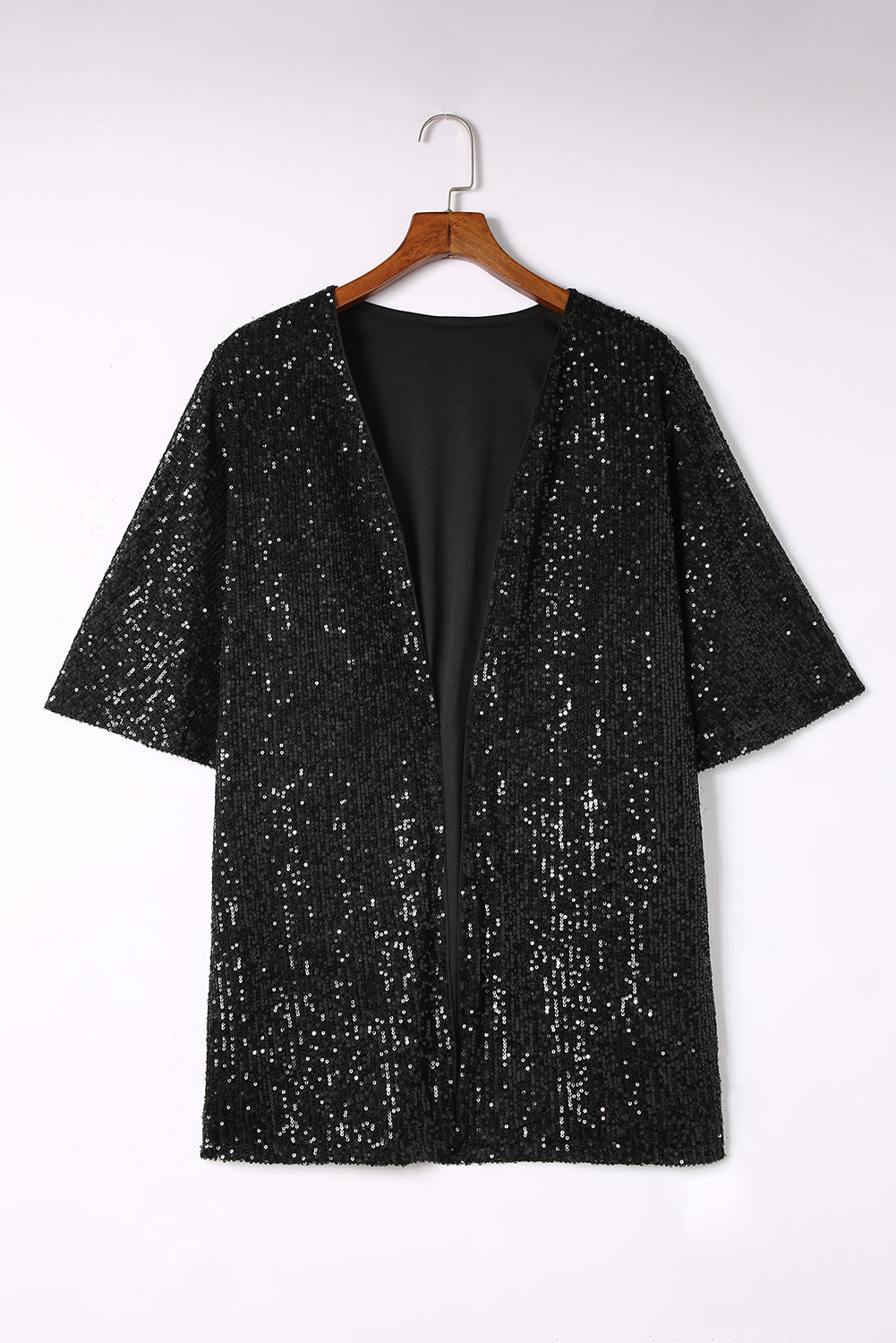 Black Luster Sequin Half Sleeves Draped Open Front Top