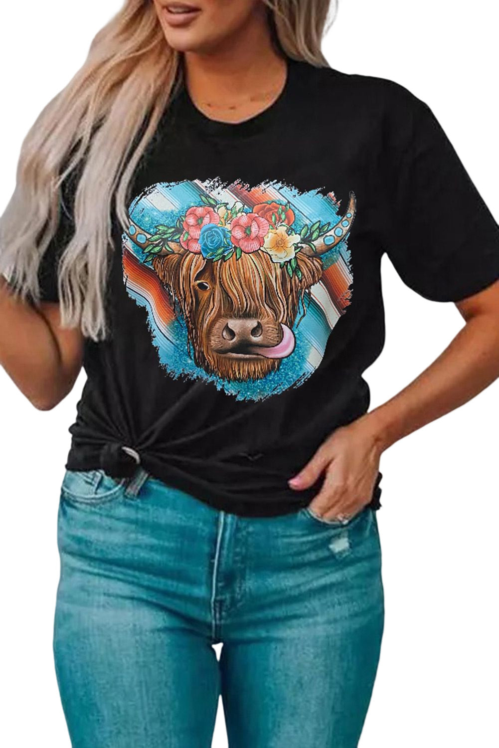 Black Serape Animal Head Graphic Western T-Shirt