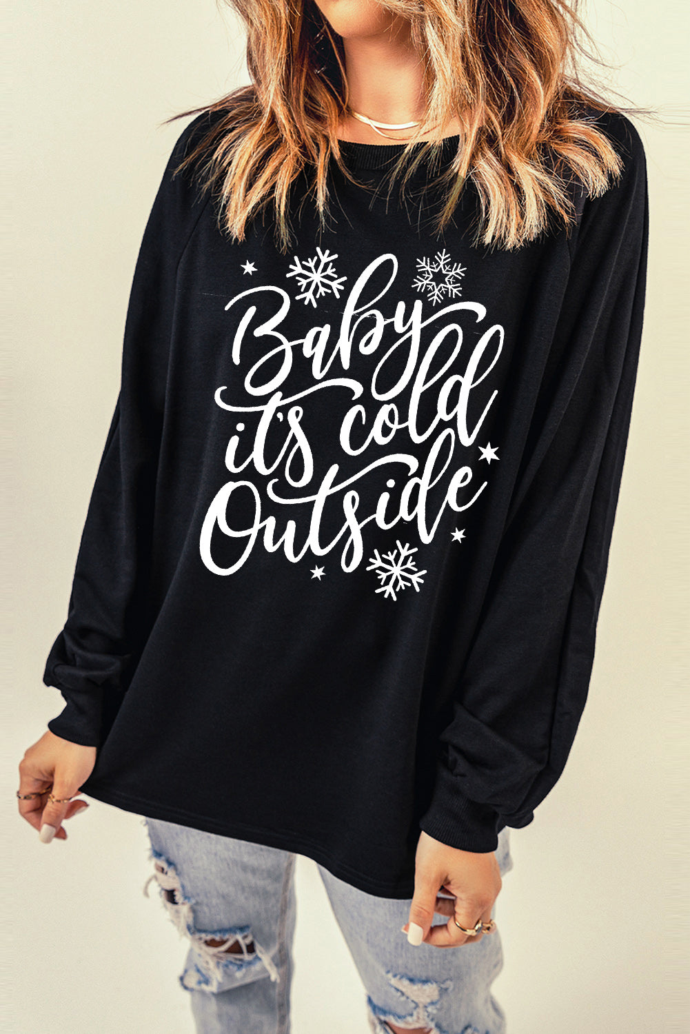 Black Snowflake Letter Graphic Print Pullover Sweatshirt