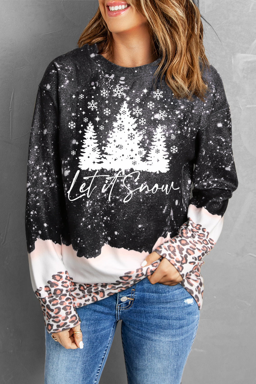 Black Snowy Christmas Graphic Leopard Bleached Sweatshirt