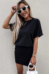 Black Solid Color High Waist Short Sleeve Active Mini Dress