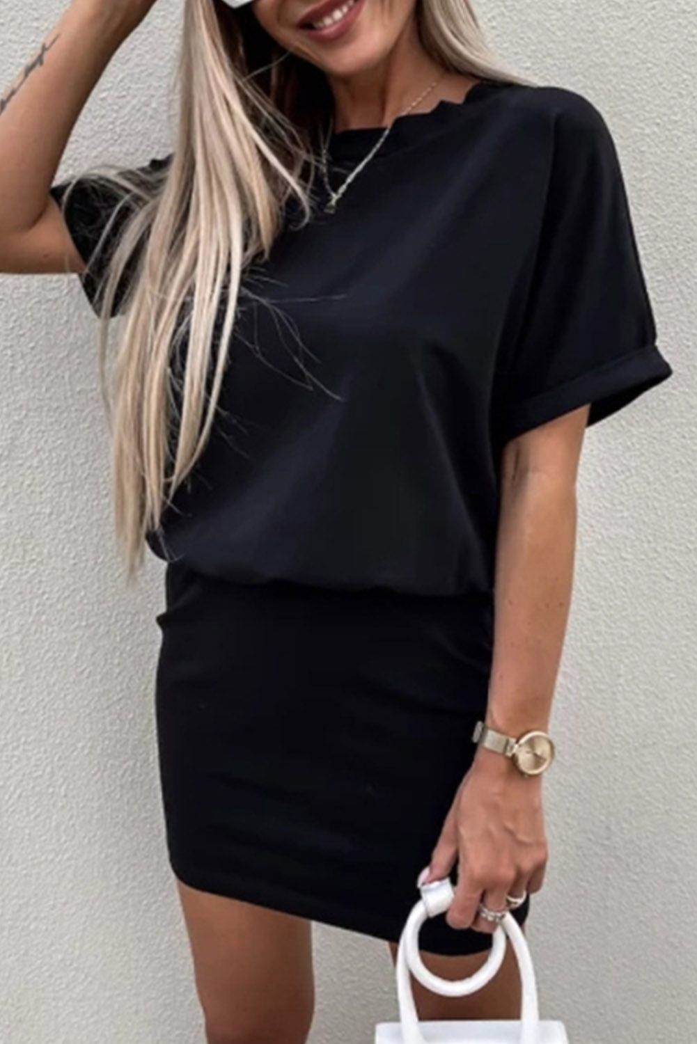 Black Solid Color High Waist Short Sleeve Active Mini Dress