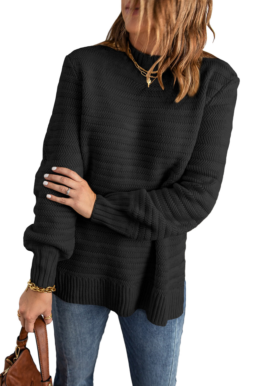 Black Solid Color Stand Collar Textured Sweater