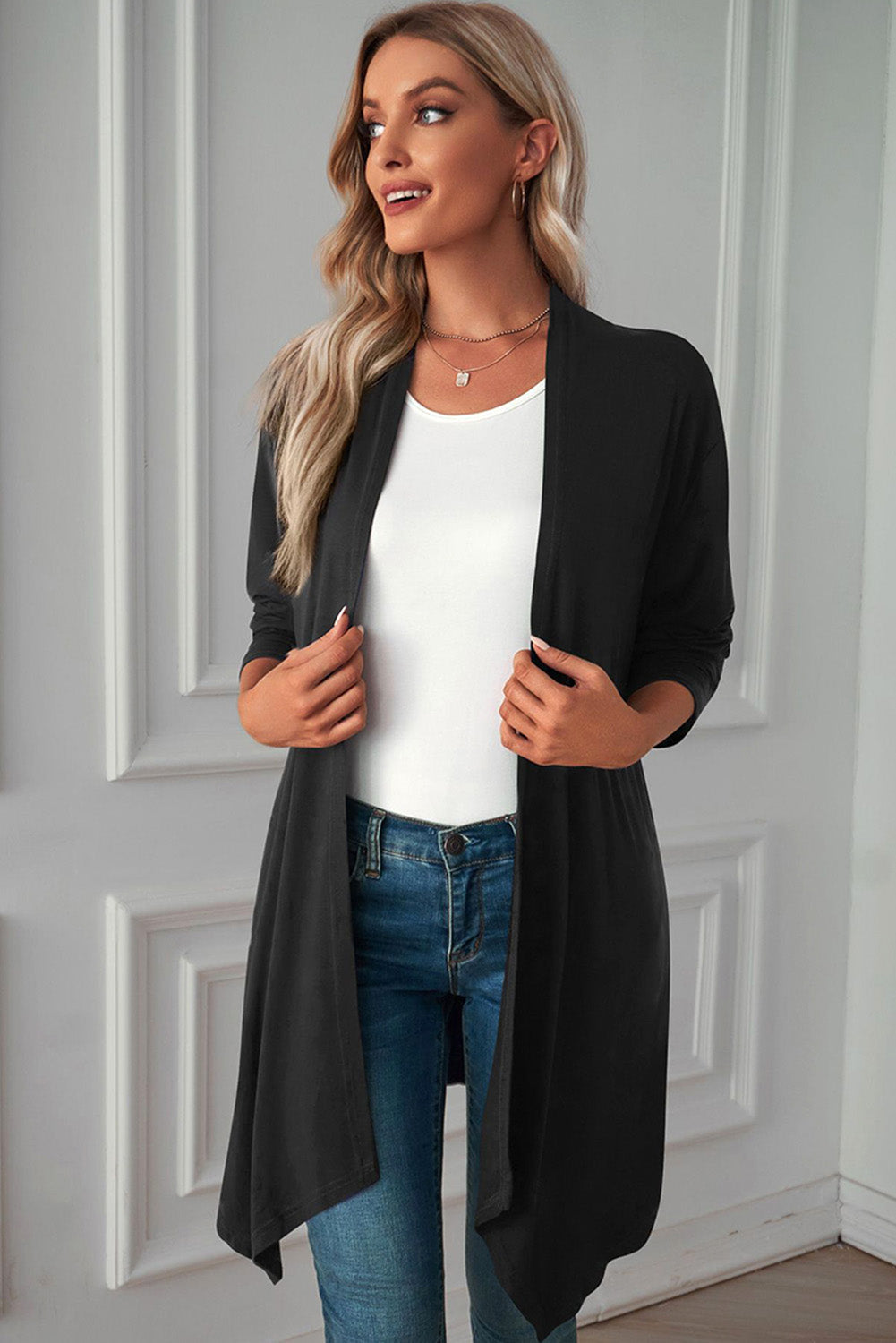 Black Solid Open Front Soft Cardigan
