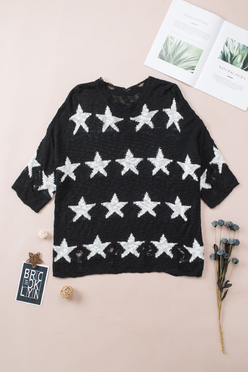 Black Star Print Half Sleeve Distressed Knit Top