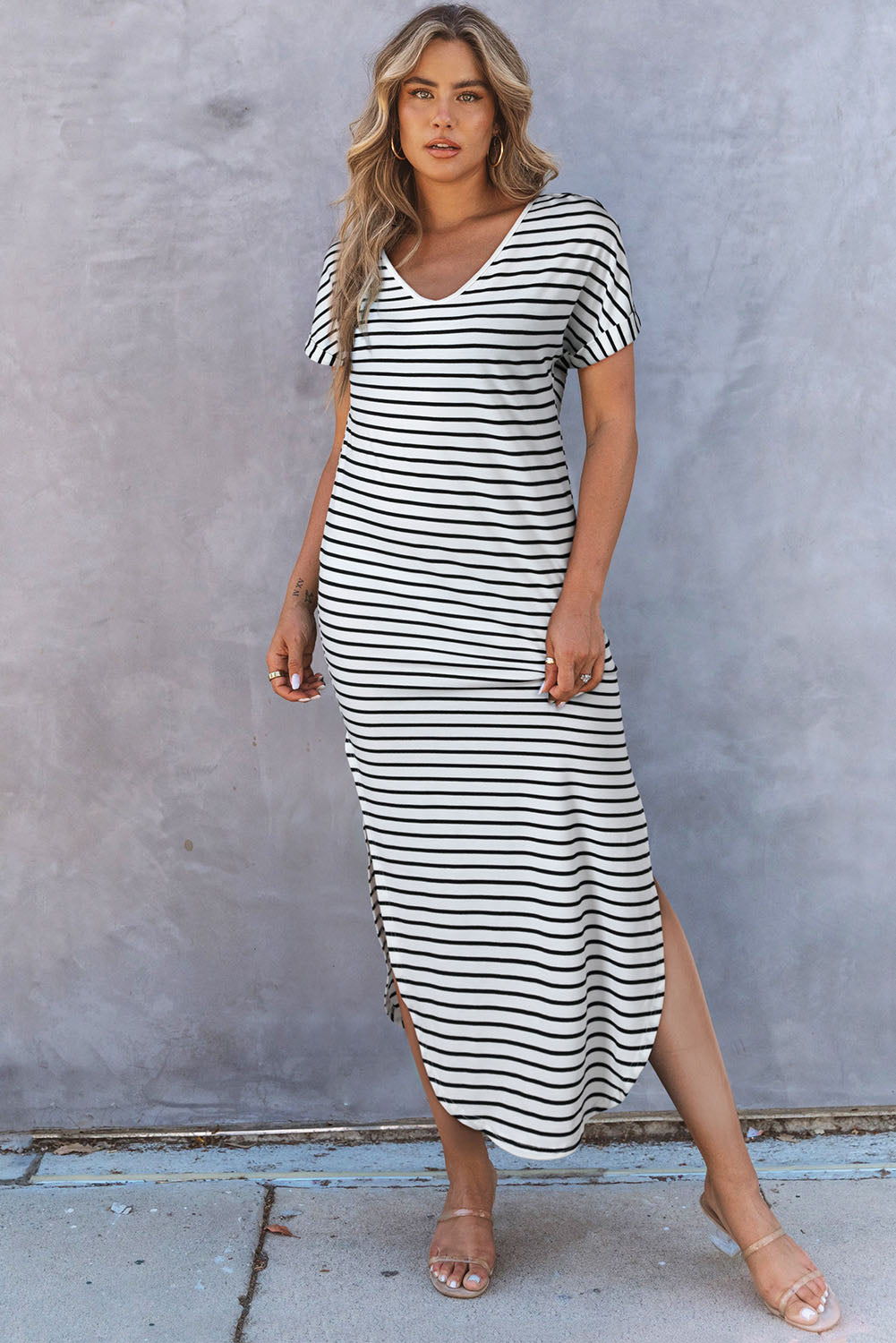 Black Striped Print Side Split Short Sleeve V Neck Maxi Dress