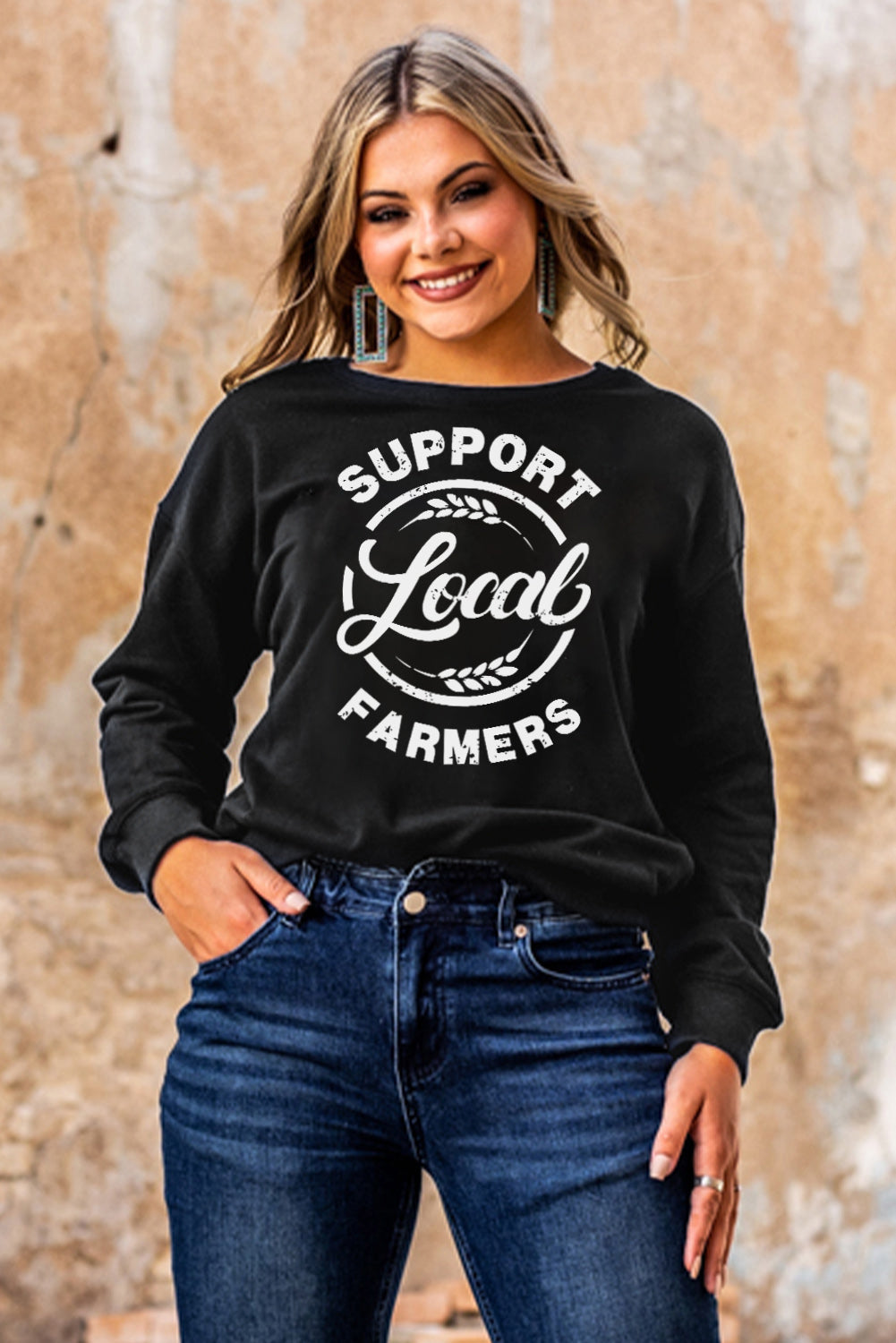 Black Support Local Farmers Print Long Sleeve Sweatshirt