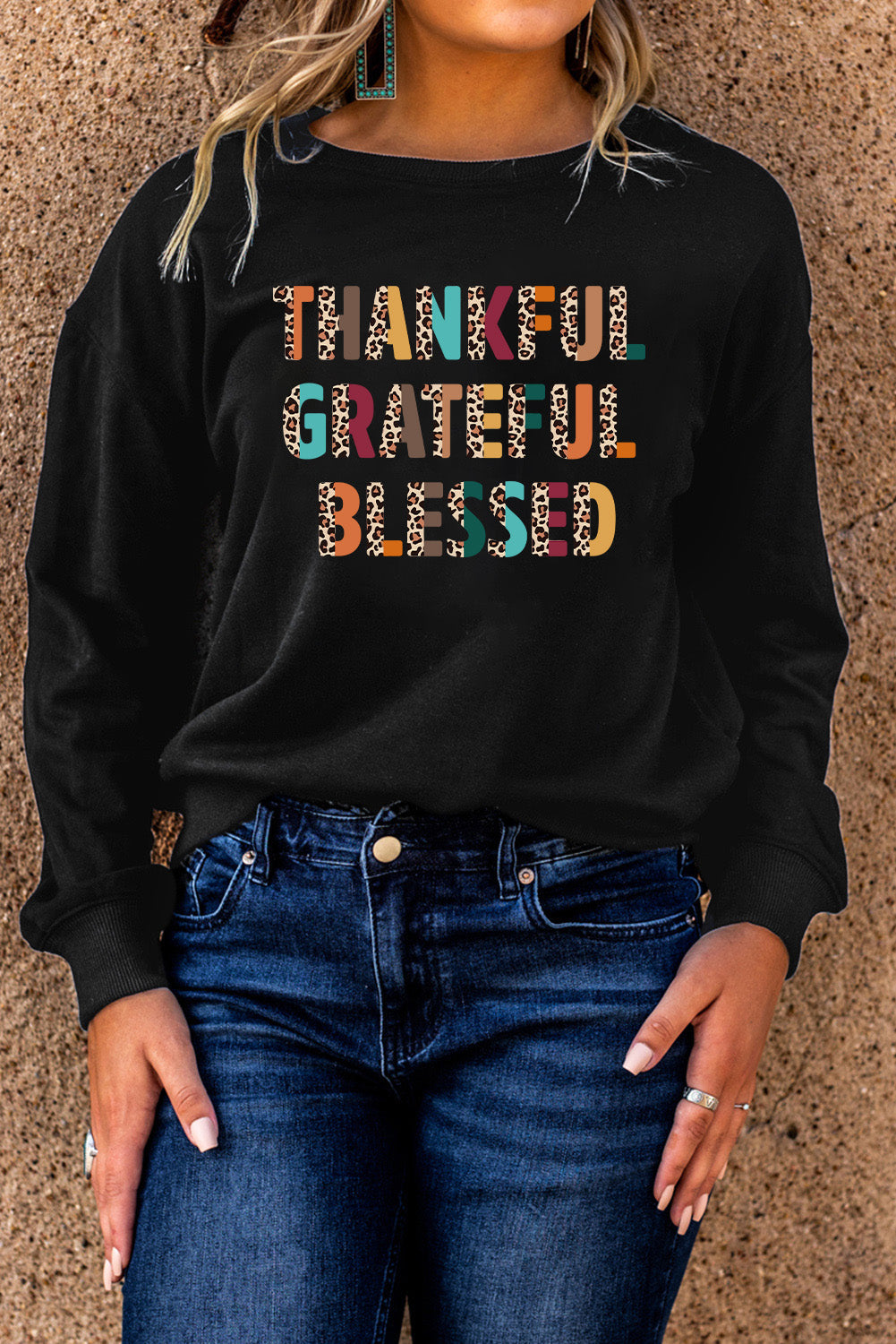 Black Thankful Grateful Blessed Pattern Sweatshirt