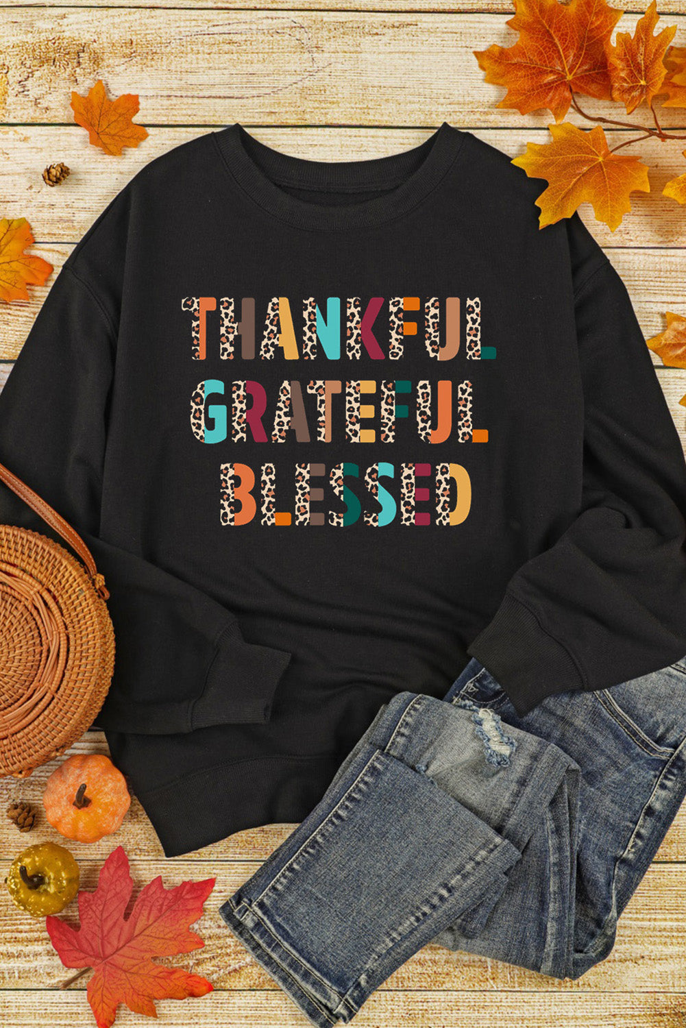 Black Thankful Grateful Blessed Pattern Sweatshirt