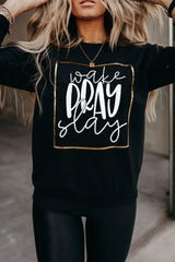 Black Wake Pray Slay Glitter Print Pullover Sweatshirt