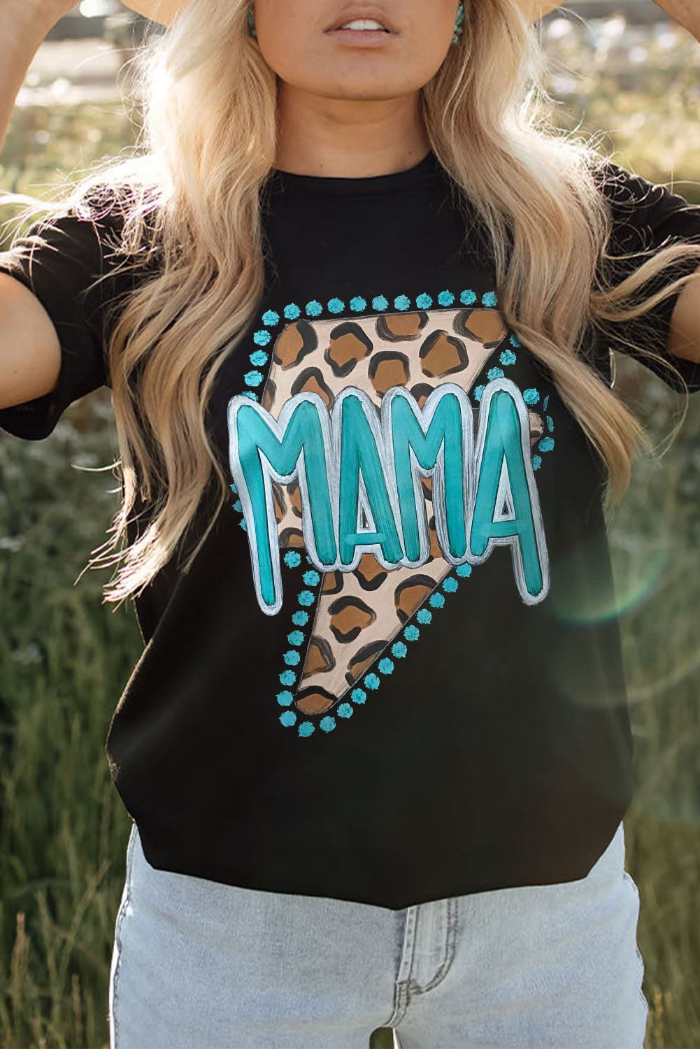Black Western Fashion Mama Leopard Lightening Graphic Tee
