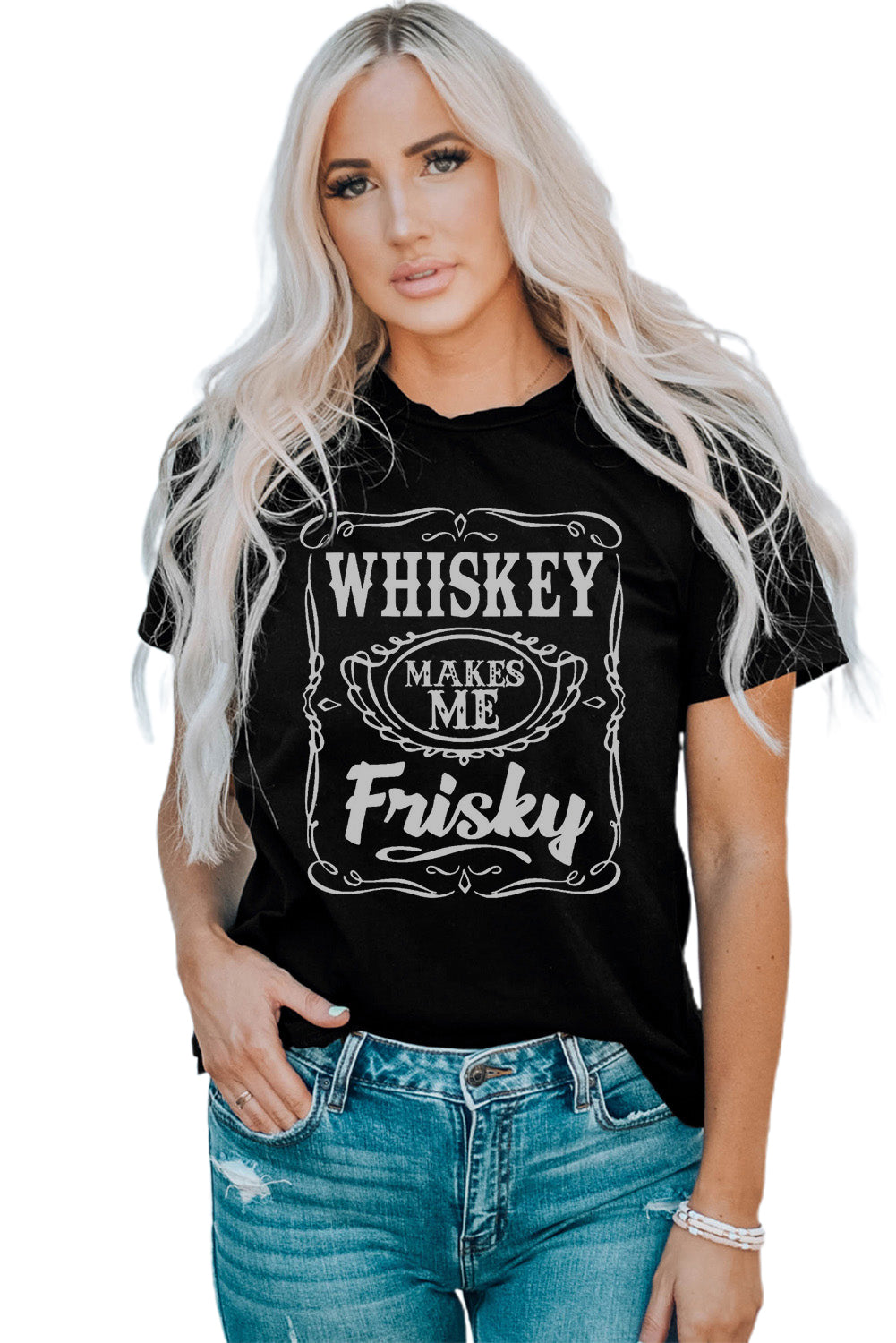 Black Whiskey Makes Me Frisky Print Crewneck Graphic Tee