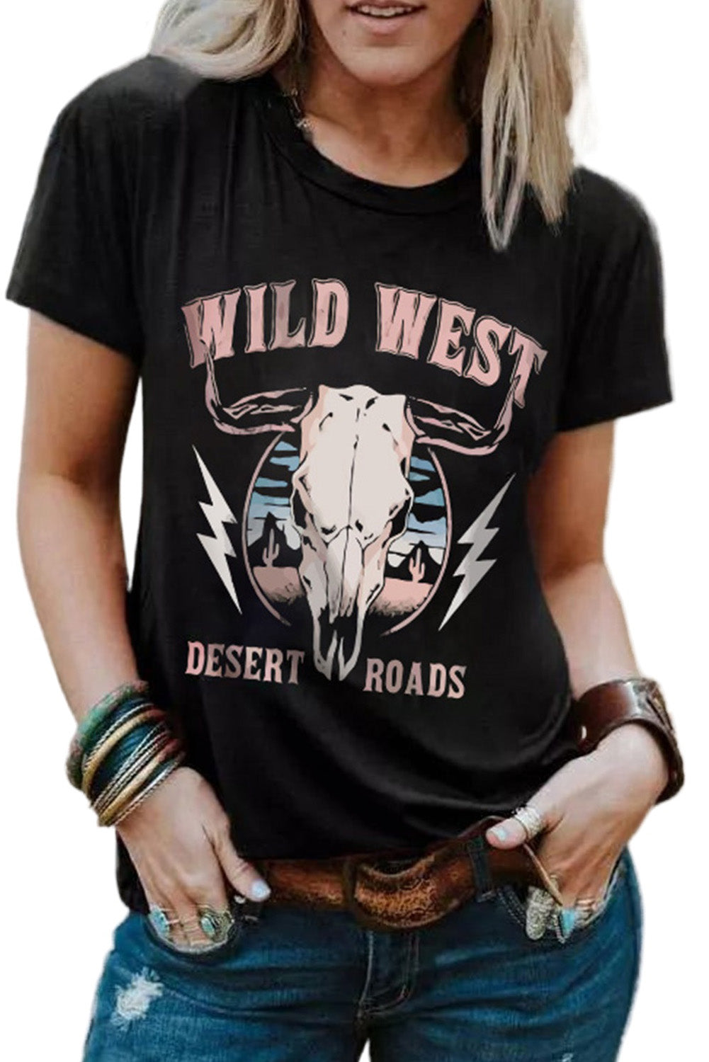 Black Wild West Desert Roads Bull Skull Graphic Tee