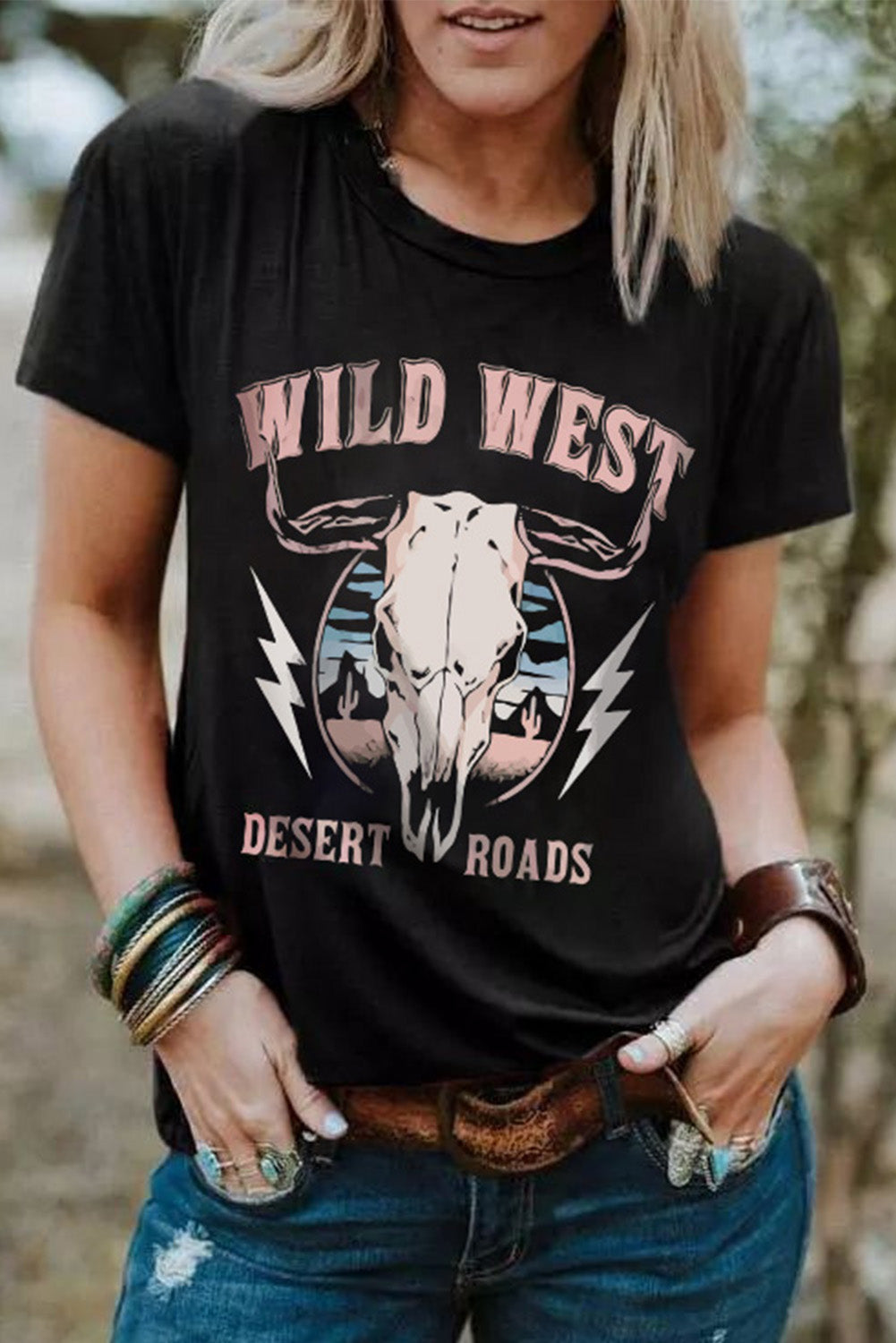 Black Wild West Desert Roads Bull Skull Graphic Tee