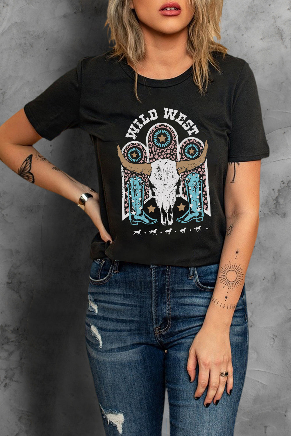 Black Wild West Steer Skull Graphic Print Short Sleeve T Shirt