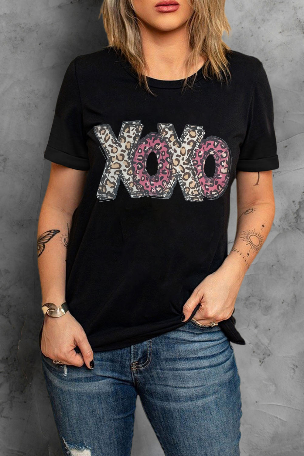 Black Xoxo Leopard Letter Print T Shirt