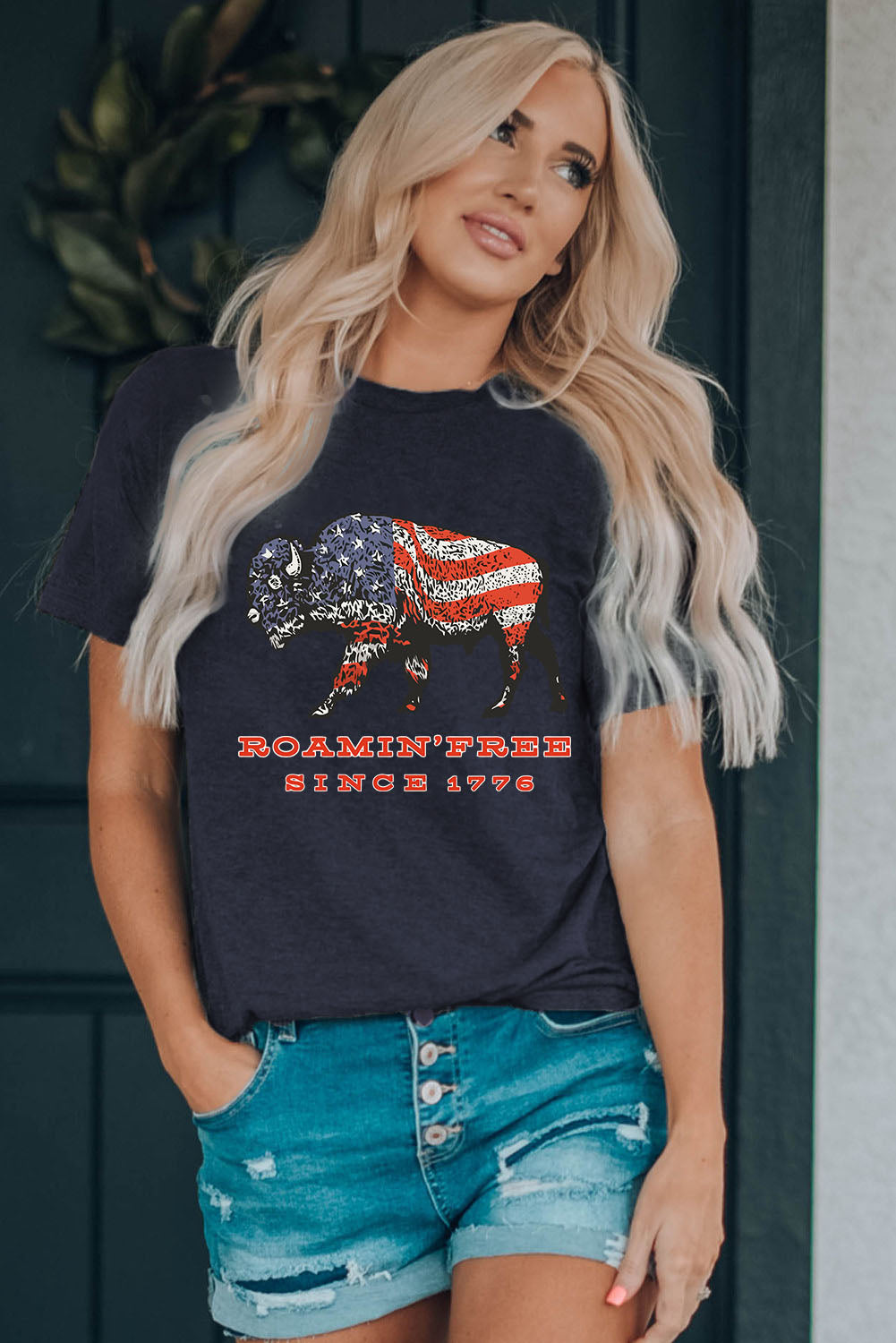 Blue American Flag Ox Graphic Print Short Sleeve T Shirt