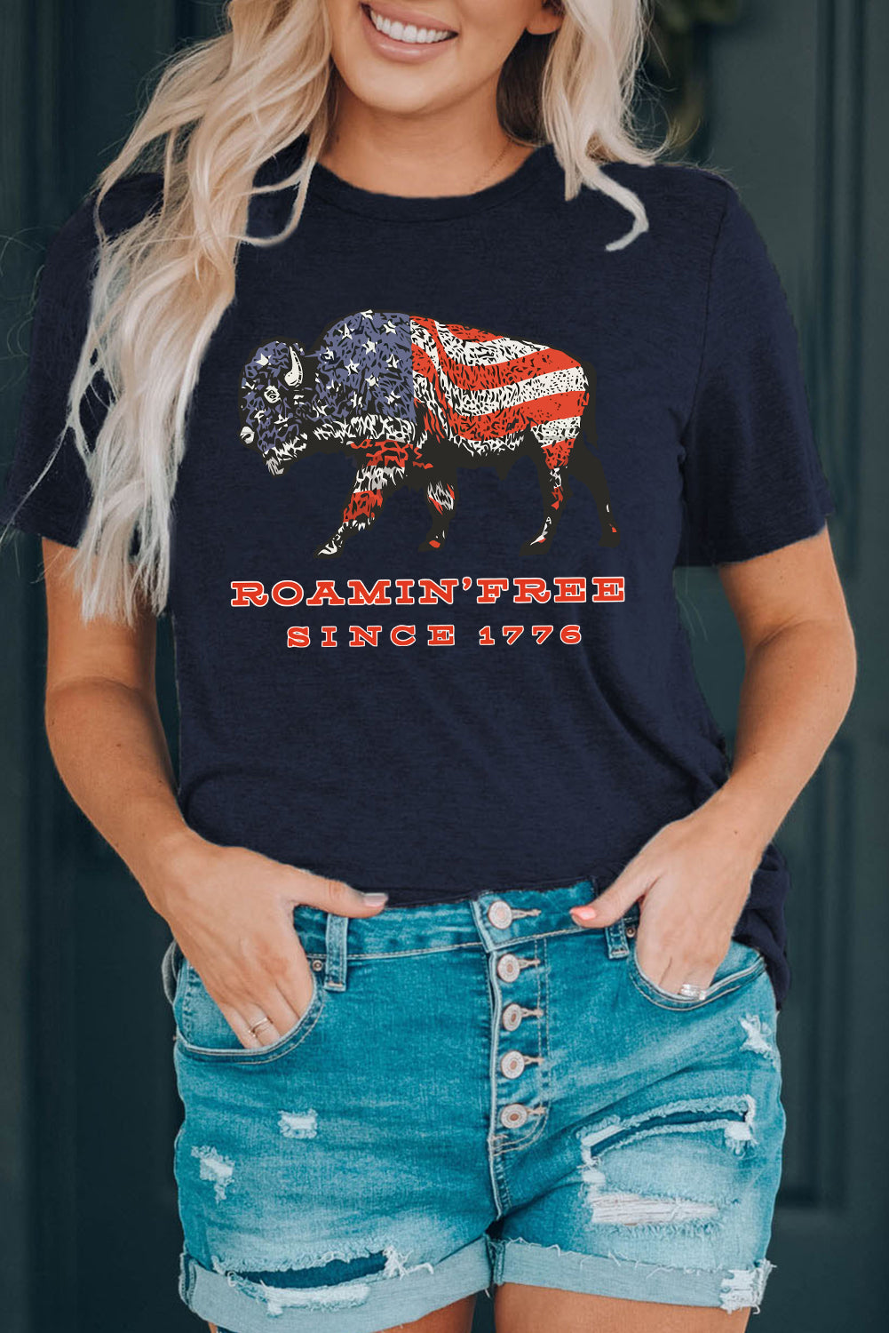 Blue American Flag Ox Graphic Print Short Sleeve T Shirt