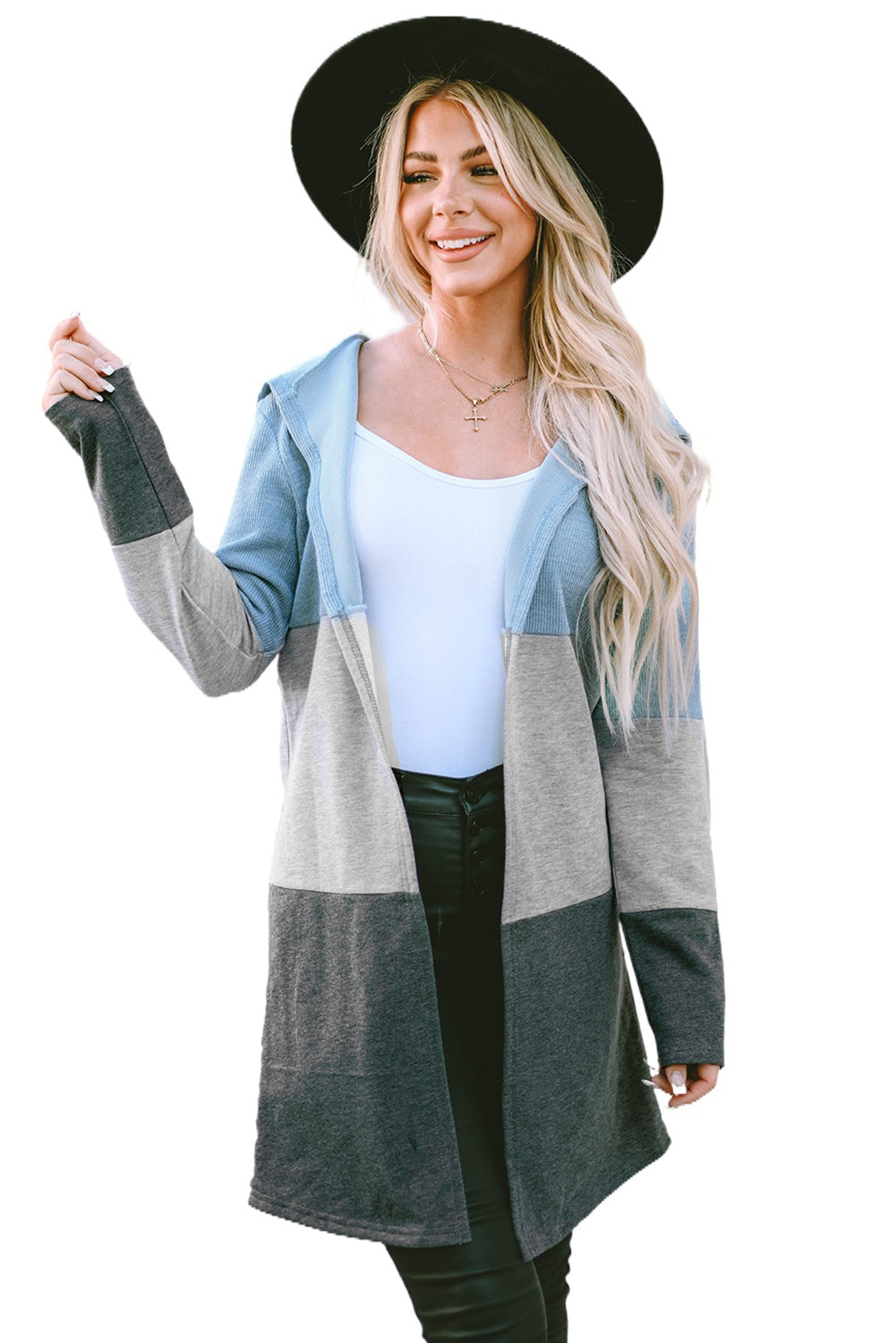 Blue Color Block Patchwork Open Front Hooded Cardigan