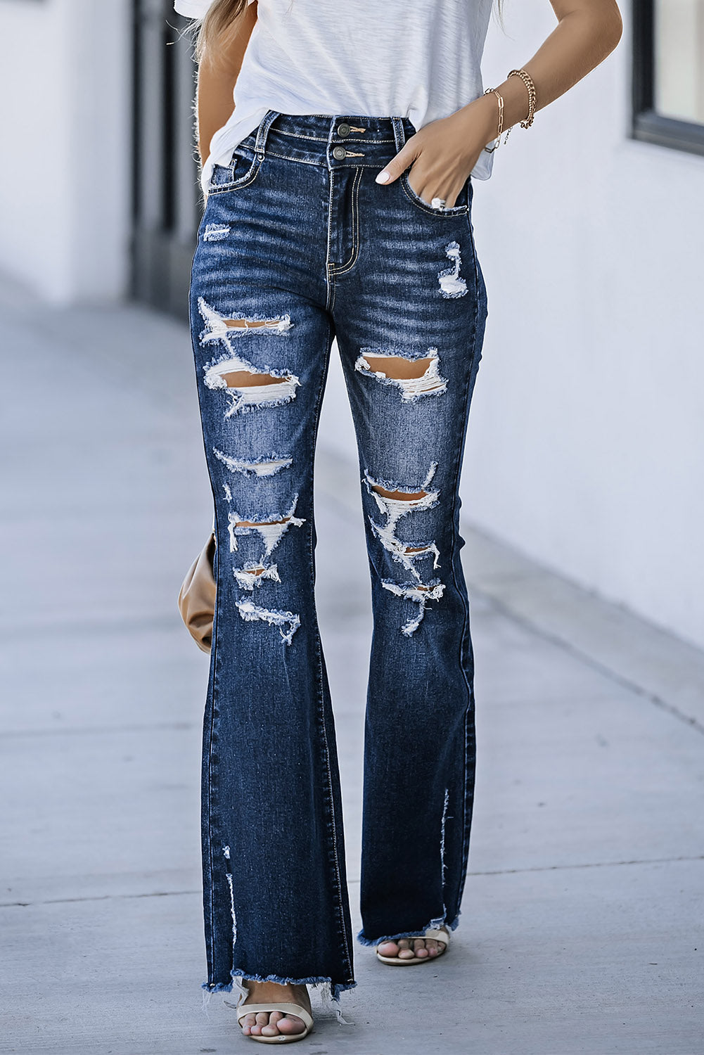 Blue Distressed High Waist Flared Jeans
