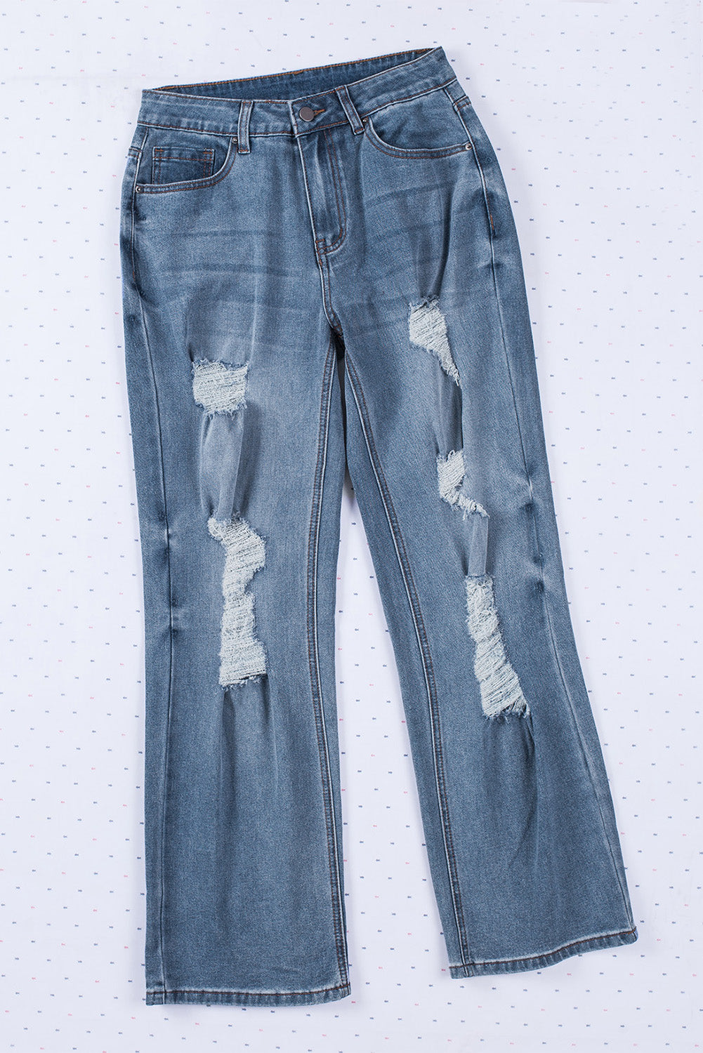 Blue Distressed Ripped Slits Wide Leg Jeans