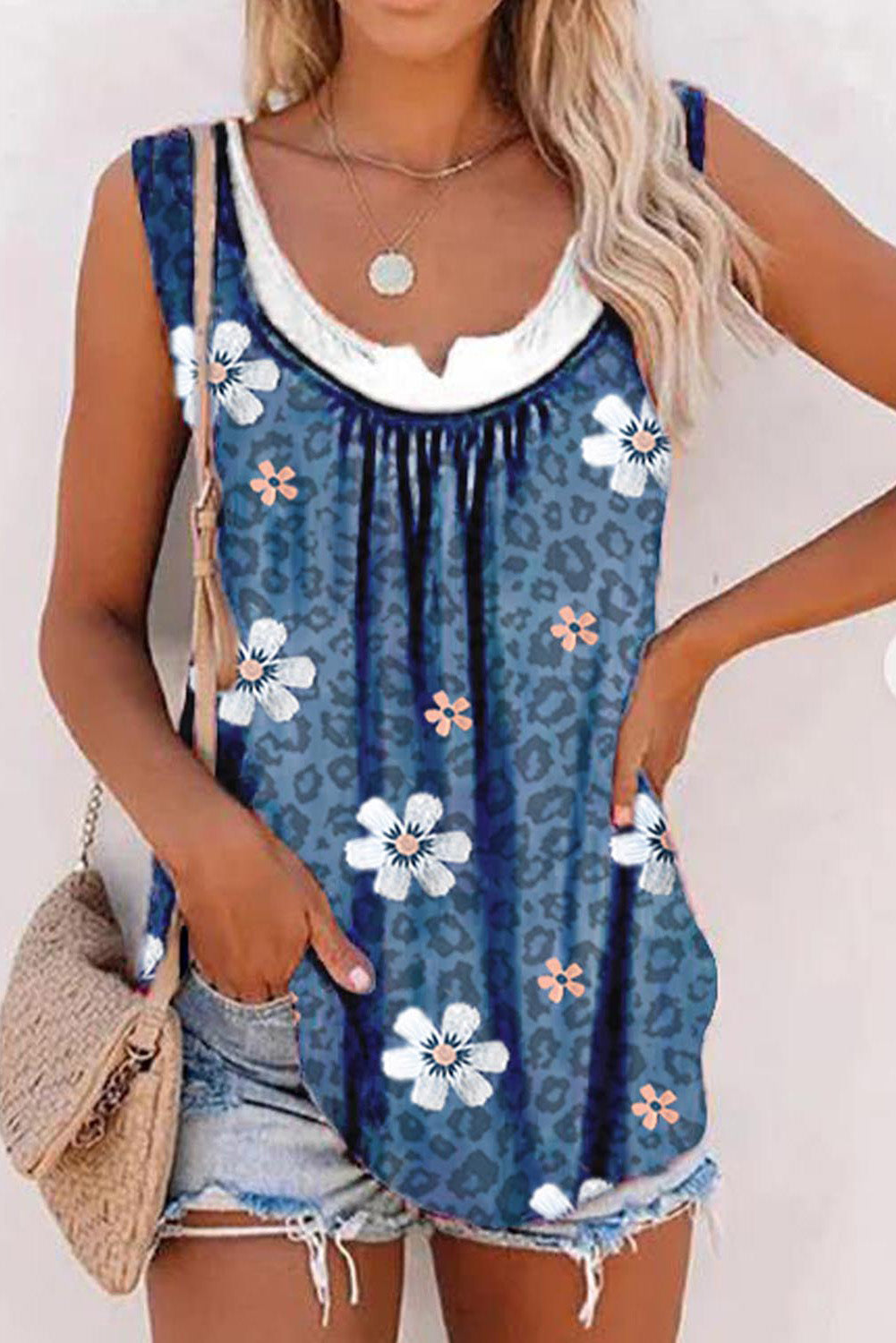 Blue Floral Leopard Ruched Loose Tank Top