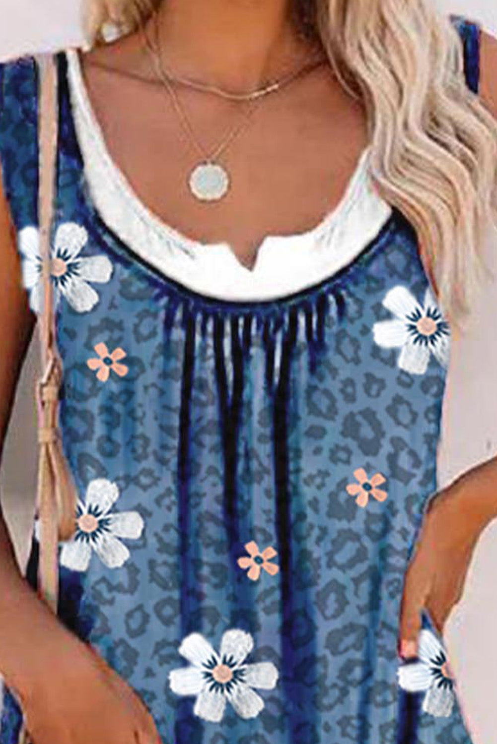 Blue Floral Leopard Ruched Loose Tank Top