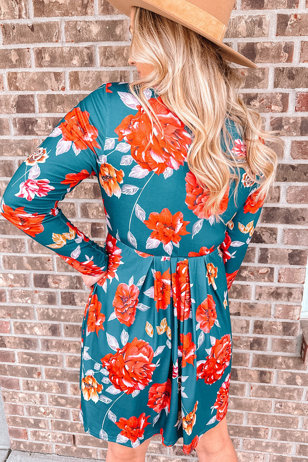 Blue Floral Pleated Long Sleeves Dress