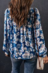 Blue Floral Print Puffy Sleeve Babydoll Blouse