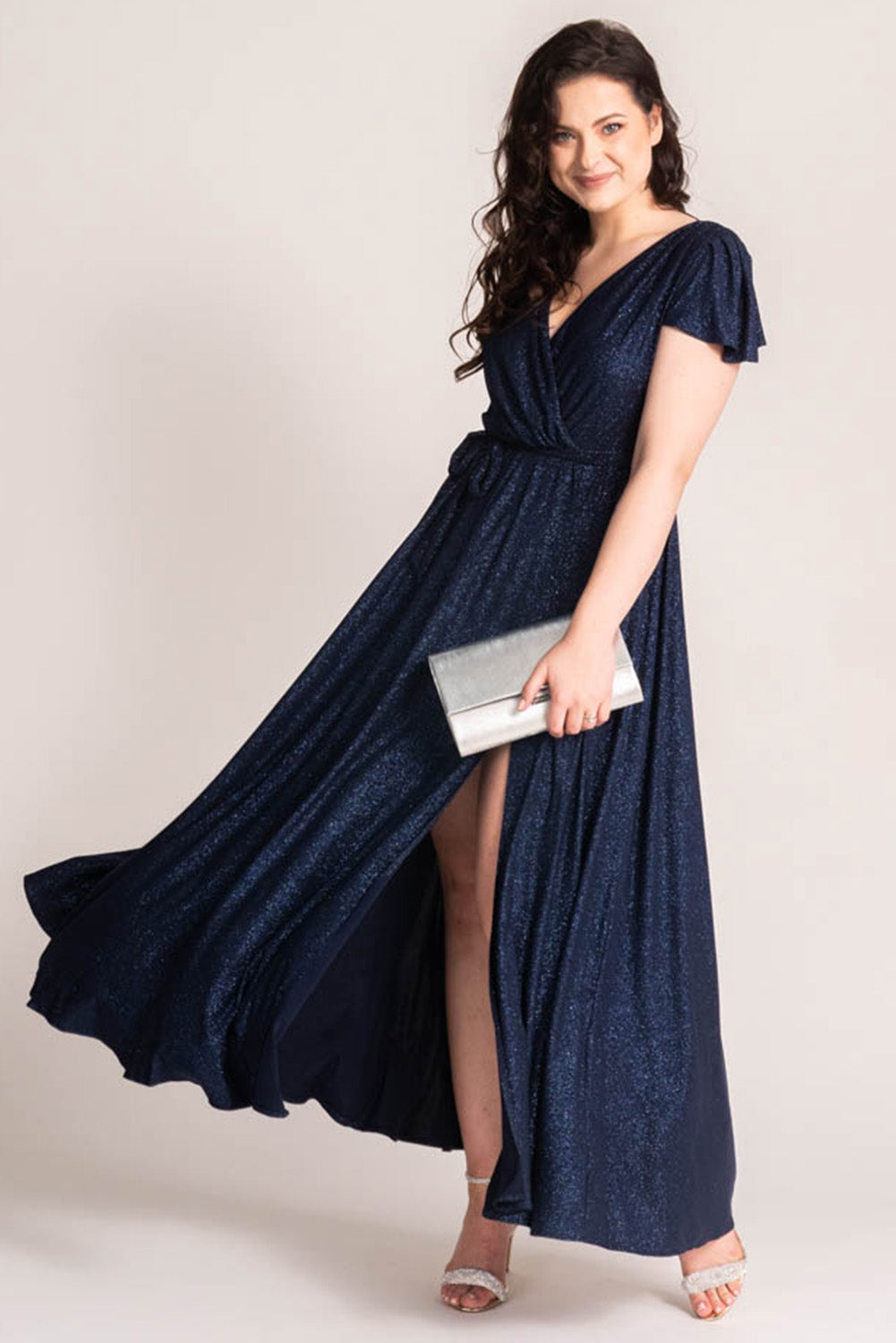 Blue Flutter Sleeve Wrap V Neck Plus Size Belted Dress