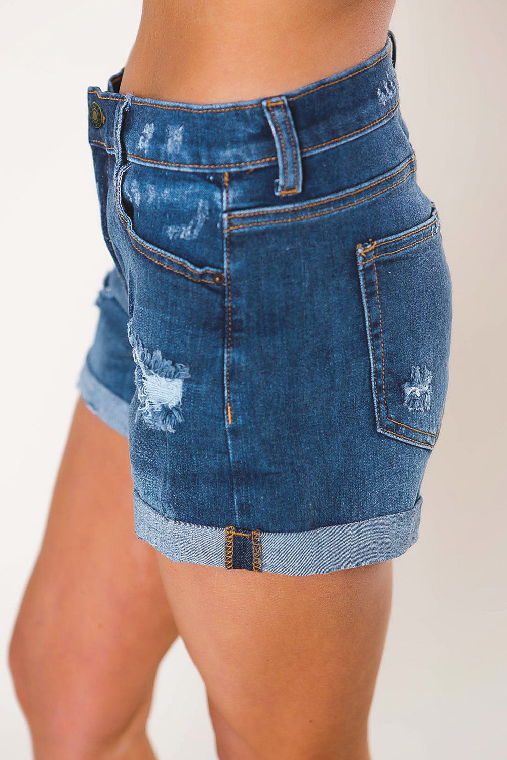 Blue Folded Distressed Denim Shorts