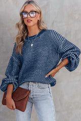 Blue Heathered Knit Drop Shoulder Puff Sleeve Sweater